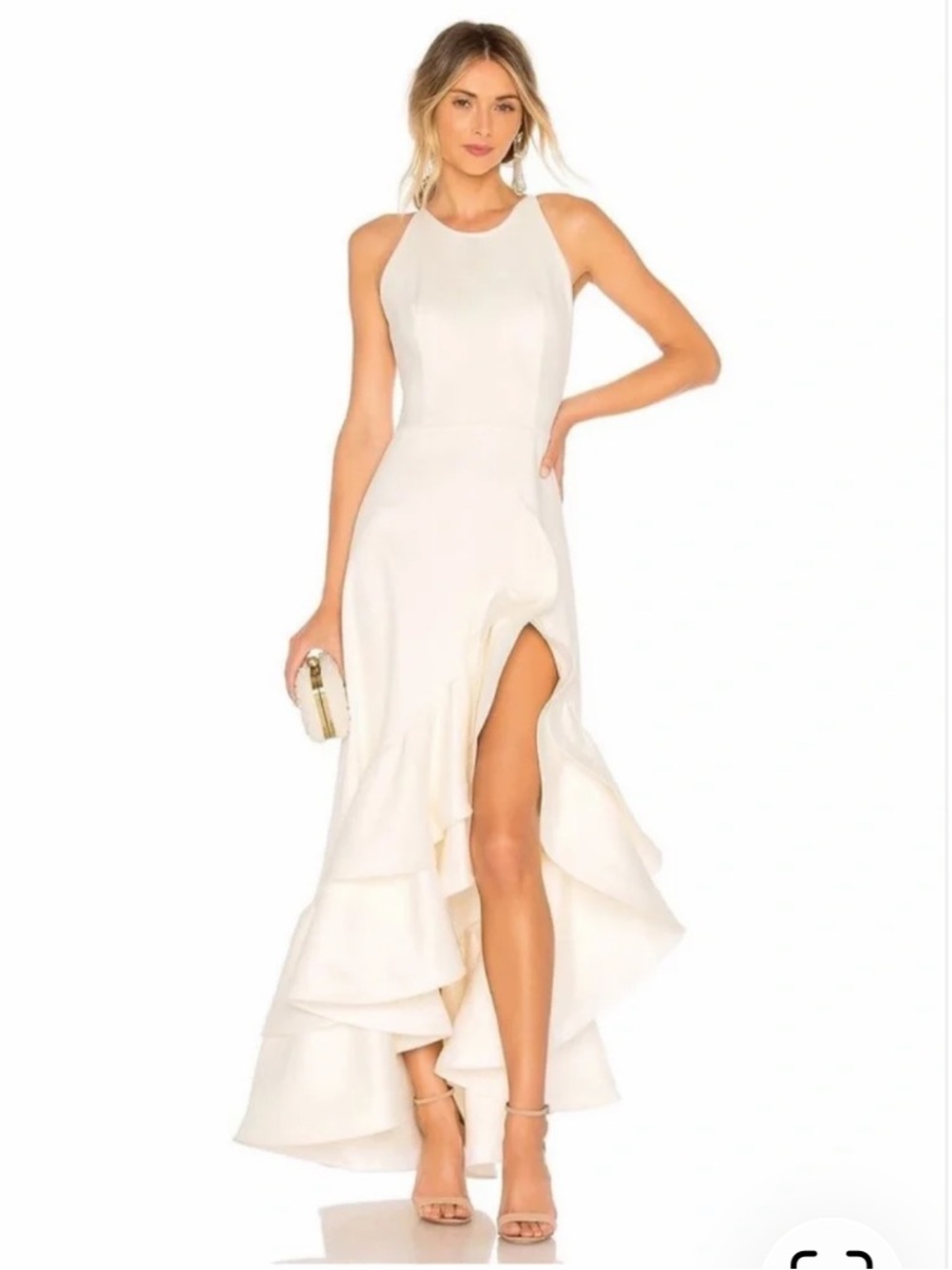 Bronx and Banco Paros Ivory High-Low Ruffle Halter gown NWT